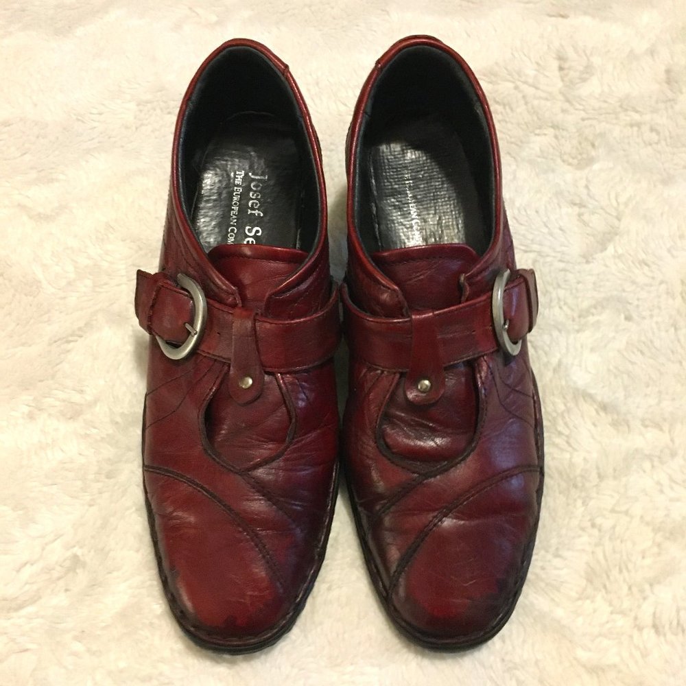 Josef Seibel Burgundy Leather Buckle Mary Jane Style Heels Size 39 EU 8 US